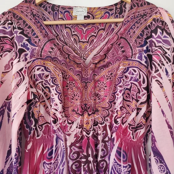 STARIALLE Sz S 3/4 Bell Sleeve Tunic Top Pink Purple V Neck Fairy Boho Hippie - Picture 4 of 14